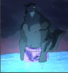 anthro clothing cloud glowing knee_deep light looking_up male overcast sky solo swimming_trunks swimwear water goonie-san goon_(goonie_san) canid canine canis mammal wolf digital_media_(artwork) lighting