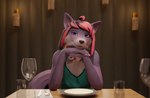 3d_(artwork) 5_fingers anthro aurora_(heat) beverage blue_eyes canid canine clothed clothing colored_nails container cup cutlery date date_pov digital_media_(artwork) dinner dinner_date dinner_table dress drinking_glass ears_up edef elbow_on_table eyebrows female fingers fork fur glass glass_container glass_cup green_clothing green_dress hair head_on_hand heat_(vr_game) hi_res kitchen_utensils knife looking_at_viewer mammal nails pink_body pink_hair pink_nails restaurant romantic smile solo solo_focus tail tools yan_wiah