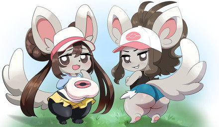 alternate_species anthro baseball_cap big_breasts big_butt big_ears breasts brown_hair butt clothing duo female fur furrification grey_body grey_fur hair hat headgear headwear huge_breasts huge_butt leggings legwear shirt shortstack shortstack_female smile tail thick_thighs topwear ecchitrail nintendo pokemon hilda_(pokemon) rosa_(pokemon) chinchillid generation_5_pokemon mammal minccino pokemon_(species) rodent hi_res