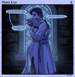 anthro clothing comforting comforting_another dialogue duo female gown hug hugging_another inside light male moonlight narrowed_eyes night nightgown sad sash text wall_(structure) wood wood_wall yellow_eyes sir_paulus lisabeth_(lord_paulus) pavel_(sir_paulus) canid canine canis fox human mammal comic english_text hi_res