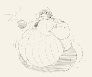 anthro belly beverage big_belly big_moobs bodily_fluids clothed clothing collared_shirt eyewear fangs flying_sweatdrops glasses holding_beverage holding_coffee_pot holding_object male moob_grab moob_squish moobs morbidly_obese necktie obese obese_anthro obese_male open_mouth open_smile overweight overweight_anthro overweight_male shirt simple_background smile solo sweat sweatdrop tail teeth topwear white_background wllyswrld canid canine canis mammal wolf 2024 black_and_white monochrome