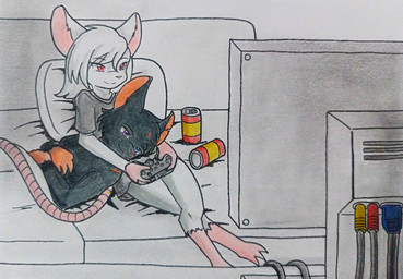 anthro beverage beverage_can black_body black_fur black_hair clothing controller cord cuddling duo electronics female fur furniture game_controller gaming grey_clothing grey_shirt grey_topwear hair happy head_on_lap heterochromia lying lying_on_pillow lying_on_sofa male male/female mouse_ears mouse_tail muscular muscular_anthro muscular_male no_shirt on_back on_lap on_sofa playing_video_game rat_ears red_eyes shirt soda sofa television topwear white_body white_fur white_hair anonymous_artist ruby_(soulclick) zircon_(soulclick) mammal mouse murid murine rat rodent woolly_mouse absurd_res hi_res traditional_media_(artwork)