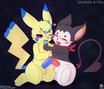 anthro balls black_body blue_eyes blush cuddling duo eyes_closed genitals heart_symbol male male/male one_eye_closed open_mouth penis smile tail tapering_penis text tongue tongue_out white_body yellow_body senz nintendo pokemon pikujo sparkchu emolga generation_1_pokemon generation_5_pokemon pikachu pokemon_(species) absurd_res hi_res url