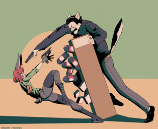 angry anthro beverage_bottle black_hair boots bottle bottomwear clenched_teeth clothed clothing container duo ears_back falling female fight fighting_pose footwear fur gun hair handgun holding_object holding_ranged_weapon holding_weapon imminent_death larger_male male pants pistol pivoted_ears pose profanity raised_tail ranged_weapon red_hair shelf shoes short_hair shoulder_holster simple_background size_difference slicked_back_hair soda_bottle tail teeth text topwear weapon white_body white_fur kosatich beretta_93r fabbrica_d'armi_pietro_beretta glock glock_17 elisa_(kosatich) felid feline lagomorph leporid mammal rabbit 2025 absurd_res artist_name cyrillic_text digital_media_(artwork) english_text hi_res