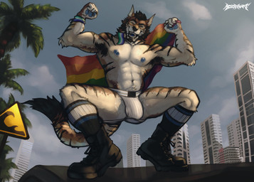 abs anthro arm_tuft armpit_hair black_boots black_clothing black_footwear blue_nipples blue_sky body_hair boots brown_body brown_fur brown_hair building bulge clothed clothing cloud crouching detailed_bulge dipstick_tail elbow_tuft fangs footwear front_view fur genital_outline hair jockstrap lgbt_pride looking_at_viewer male male_anthro markings muscular muscular_anthro muscular_male narrowed_eyes nipples outside pecs penis_outline pride_colors shoes short_hair sky socks solo striped_legs striped_markings striped_tail stripes tail tail_markings teeth topless tuft underwear vincian_pride_colors white_body white_clothing white_fur white_jockstrap white_underwear yellow_eyes acidwuff canid canine mammal absurd_res hi_res