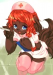 anthro blue_eyes brown_body brown_fur clothing female fur hair kemono legwear nurse nurse_clothing nurse_uniform red_hair solo stockings uniform young havemoon yuneri canid canine canis domestic_dog mammal