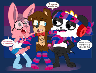 3_toes age_difference anthro armwear balls barefoot big_penis bisexual_pride_colors black_balls black_body black_penis blue_eyes blush body_writing bottomwear bow_tie brown_balls brown_body brown_penis clothed clothed_anthro clothed_male clothing electronics erection erection_under_skirt eyewear feet femboy genitals glans glasses group headphones humanoid_genitalia humanoid_penis kerchief legwear lgbt_pride male male/male marker orientation_play pattern_clothing pattern_legwear penis penis_size_difference pink_balls pink_body pink_glans pink_penis plushie pride_colors shirt skirt small_but_hung speech_bubble standing stated_homosexuality stated_sexuality stockings striped_clothing striped_legwear stripes tan_body tan_glans tank_top teddy_bear toes topwear trio wearing_glasses white_body young young_anthro young_male enookie ryan's_world combo_panda oliver_masthay rudy_montgomery bear giant_panda lagomorph leporid mammal rabbit alpha_channel hi_res