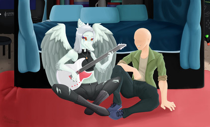 amber_eyes anthro bald bed bedroom black_bottomwear black_clothing black_jeans black_pants boots bottomwear claws clothing crop_top denim denim_bottomwear denim_clothing detailed_background duo elbow_feathers electric_guitar eyelashes eyeliner feathered_wings feathers female fingers footwear furniture grey_body grey_hair grey_scales guitar hair halter_top inside jacket jeans jewelry light-skinned_male light_body light_skin makeup male midriff musical_instrument necklace pants playing_guitar playing_music plucked_string_instrument scales shirt shoes sitting smile sneakers snout string_instrument teeth text topwear torn_bottomwear torn_clothing torn_jeans torn_pants wings macro2312_(artist) cavemanon_studios goodbye_volcano_high ko_op_(game_developer) snoot_game anon_(snoot_game) fang_(gvh) human mammal prehistoric_species pterosaur reptile scalie 2023 artist_name digital_drawing_(artwork) digital_media_(artwork) hi_res signature