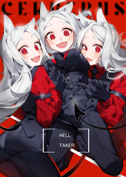 armband bottomwear breasts butt clothing fangs female group hair hand_holding long_hair looking_at_viewer looking_back necktie open_mouth pants red_background red_eyes shirt simple_background spade_tail suit tail teeth text topwear trio vest white_body white_hair white_skin tefco helltaker cerberus_(helltaker) animal_humanoid canid canid_humanoid canine canine_humanoid demon demon_humanoid dog_humanoid humanoid mammal mammal_humanoid absurd_res english_text hi_res