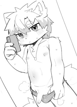 4_fingers anthro blush blush_lines bodily_fluids cellphone chest_tuft clothed clothing dutch_angle electronics erection eyebrow_through_hair eyebrows fingers foreskin genitals hair jewelry kemono male navel necklace nipples penis phone pubes selfie simple_background smartphone solo speedo speedo_down speedo_only steam sweat swimwear taking_picture taking_selfie topless translucent translucent_hair tuft white_background young young_anthro young_male eisuke_art domestic_cat felid feline felis mammal 2025 digital_media_(artwork) hi_res monochrome