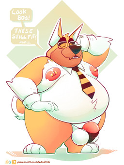abstract_background anthro barbell_piercing barely_contained barely_contained_penis belly big_belly eyes_closed eyewear flaccid front_view genitals glasses hand_behind_head hand_on_hip male male_anthro moobs nipple_barbell nipple_piercing nipples obese obese_anthro obese_male open_mouth overweight overweight_anthro overweight_male penis piercing pink_nipples pink_penis rectangular_glasses solo speech_bubble standing text chocolateandmilk richard_(chocolateandmilk) canid canine canis domestic_dog mammal english_text hi_res