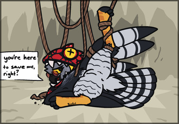 accident anthro anus bdsm beak bondage bound butt cave claws detailed_background dialogue digitigrade eyelashes eyewear feathered_wings feathers feet female genitals glasses looking_at_viewer lying mask mask_only nervous nervous_smile non-mammal_vulva nude on_side open_beak open_mouth restrained_legs restrained_wings restraints rope rope_bondage semi-anthro solo spread_legs spreading tail tail_feathers talking_to_viewer talons teeth text toes trapped vulva wearing_mask winged_arms wings yellow_eyes bizart accipitrid accipitriform avian bird eagle harpy_eagle 2026 aliasing digital_media_(artwork) english_text hi_res