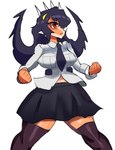 absolute_territory anthro black_hair bottomwear clothed clothing cosplay facial_horn female hair horn living_hair long_hair multicolored_body orange_body red_eyes school_uniform simple_background skirt solo thick_thighs two_tone_body uniform white_background yellow_eyes unknown_artist cavemanon_studios goodbye_volcano_high skullgirls snoot_game filia rosa_(gvh) aquilops ceratopsian dinosaur humanoid ornithischian prehistoric_species reptile scalie symbiote thyreophoran crossover hi_res