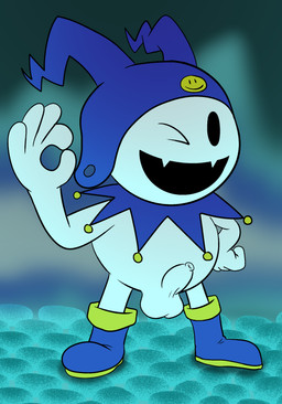 balls boots chibi clothing collar erection footwear foreskin genitals gesture hand_gesture hat headgear headwear male ok_sign one_eye_closed penis shoes solo tight_foreskin wink darkajugin atlus megami_tensei sega jack_frost_(megami_tensei) demon humanoid imp absurd_res hi_res