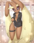 anthro black_sclera blush breasts camel_toe cleavage clothed clothing female hoodie leg_strap looking_at_viewer panty_peek raised_clothing solo topwear rilex_lenov nintendo pokemon lizzy_(rilex_lenov) generation_4_pokemon lopunny pokemon_(species) hi_res