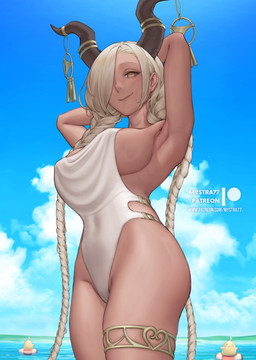 beach big_breasts blonde_hair blue_sky braided_hair breasts brown_horn clothing cloud day female hair hands_behind_head horn horn_jewelry horn_ring inflatable inner_tube jewelry long_hair looking_at_viewer mole_under_mouth navel_outline one-piece_swimsuit outside pigtails raised_arms ring_(jewelry) sea side_boob skindentation sky smile smiling_at_viewer solo swimwear text thigh_strap thighlet twin_braids twintails_(hairstyle) water white_clouds yellow_eyes mystra77 azur_lane owari_(azur_lane) horned_humanoid humanoid digital_drawing_(artwork) digital_media_(artwork) url