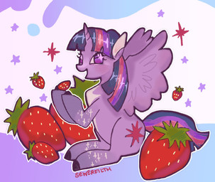 abstract_background female feral food fruit hooves horn looking_at_viewer plant smile smiling_at_viewer solo sparkles star strawberry wings sewerfilth friendship_is_magic hasbro my_little_pony mythology twilight_sparkle_(mlp) equid equine mammal mythological_creature mythological_equine winged_unicorn hi_res
