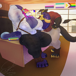 big_muscles big_pecs bodily_fluids bone bottomwear chair city city_background cityscape clothed clothing digit_ring duo eyewear footwear furniture genderfluid_pride_colors glasses hair harness heart_symbol jewelry lgbt_pride long_hair looking_at_another male male/male moobs muscular muscular_male nails nipple_piercing nipples office office_chair office_desk open_clothing open_shirt open_topwear pants pawpads pecs piercing pride_color_flag pride_colors ring shirt shoes sketchy skull skull_head sweat sweatdrop sweaty_body tail topwear translucent translucent_clothing vincian_pride_colors wearing_glasses wedding_ring wet wet_clothing entitropy league_of_legends mythology riot_games tencent aurelion_sol_(lol) enti_orasia_(entitropy) dragon eastern_dragon mythological_creature mythological_scalie scalie 1:1 absurd_res hi_res sketch_page