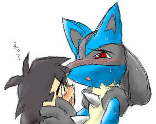 ambiguous_gender anthro blue_body blue_fur blush bodily_fluids duo fur grey_hair hair hand_on_cheek human_on_anthro interspecies male male/ambiguous open_mouth pokephilia red_eyes simple_background sweat tan_body tan_fur text white_background pasaran nintendo pokemon ash_ketchum pokemon_trainer generation_4_pokemon human lucario mammal pokemon_(species) aliasing bust_portrait digital_media_(artwork) japanese_text low_res oekaki portrait