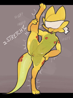 anthro areola blindfold blindfold_only blush breasts female flat_chested flexible genitals loli markings multicolored_body navel nipples non-mammal_breasts non-mammal_navel non-mammal_nipples nude one_leg_up raised_leg scales small_breasts smile solo splits spots spotted_arms spotted_body spotted_legs spotted_markings spotted_scales spotted_tail spotted_thighs spread_legs spreading standing stretching tail tail_markings ventral_groove vertical_splits yellow_body young trufzn kobold scalie hi_res