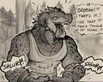 2021 anthro argonian bodily_fluids clothing daftpatriot digital_media_(artwork) english_text fellatio greyscale horn male microsoft monochrome offscreen_sex onomatopoeia open_mouth oral penile saliva scalie sex shirt solo sound_effects tank_top text the_elder_scrolls topwear