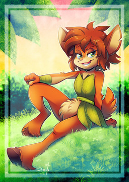 5_fingers anthro brown_body brown_fur brown_hair female fingers fur grass green_eyes hair hooves leaf_clothing open_mouth plant sitting smile solo tail vaporotem activision spyro_the_dragon elora faun_(spyro) digital_media_(artwork) hi_res