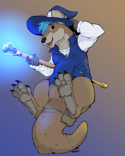 adam's_apple anthro blue_clothing blue_crystal blue_eyes blue_hair blue_topwear blue_wizard_hat brown_body brown_fur claws clothing feet fur gradient_background hair hat headgear headwear holding_scepter magic_user male scepter simple_background smile smiling_at_viewer solo standing_on_tail tail tongue topwear wizard_hat pandottermon febrooary toma_(pandottermon) swamp_wallaby 2026 4:5 colored hi_res