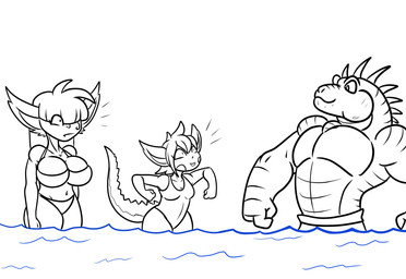 anthro breasts clothing female group male playing swimwear trio water tibbs mythology baku_(tibbs) betty_(tibbs) star_(tibbs) bat dragon mammal mythological_creature mythological_scalie reptile scalie comic hi_res