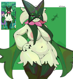 anthro areola belly big_breasts breast_curtains breasts female female_anthro fur genitals green_body green_fur looking_at_viewer navel nipples nude pink_areola pink_nipples simple_background slightly_chubby slightly_chubby_anthro slightly_chubby_female solo thick_thighs vulva wide_hips kapitan_sk. nintendo pokemon dot_(pokemon) liko's_meowscarada liko_(pokemon) felid feline generation_9_pokemon mammal meowscarada pokemon_(species) absurd_res hi_res