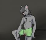 anthro clothed clothing dirty fur grey_background grey_body grey_fur looking_at_viewer male pink_flesh pink_nose raised_leg simple_background smile smirk solo topless underwear whiskers arrwulf mammal murid murine rat rodent