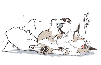 ambiguous_gender featureless_crotch feet feral fluffy fluffy_tail fur lying motion_lines multicolored_body multicolored_fur navel on_back pawpads paws pointy_ears prick_ears raised_leg shadow simple_background sleeping solo sound_effects speech_bubble spikes spread_legs spreading tail tail_motion tailwag tan_body tan_fur tongue tongue_out vowelless vowelless_sound_effect white_background white_body white_fur zzz ryeono_kemo nintendo pokemon canid canine generation_7_pokemon lycanroc mammal midday_lycanroc pokemon_(species) 2026 absurd_res colored digital_media_(artwork) flat_colors hi_res