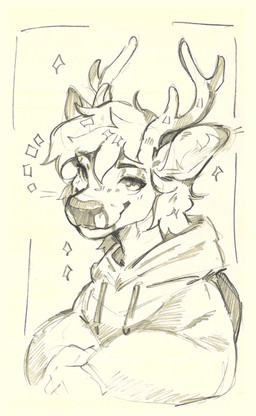 anthro antlers clothing hoodie horn looking_at_viewer male smile solo sparkles topwear inno-sjoa breezy_(breezydiz) cervine deer fallow_deer mammal absurd_res hi_res monochrome sketch traditional_media_(artwork)