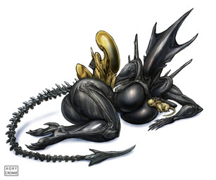 ambiguous_gender big_breasts big_butt black_body breast_squish breasts butt claws exoskeleton female group huge_breasts lying multi_arm multi_limb on_side spikes spikes_(anatomy) squish tail thick_thighs trio wide_hips kory_cromie alien_(franchise) alien xenomorph hi_res