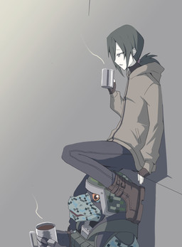 anthro armor beverage black_hair boots clothing coffee container cup digital_camo duo footwear hair headgear helmet jacket male military mug ponytail shoes size_difference soldier topwear warrior huti918 bandai_namco digimon digimon_beatbreak haruomi_sone commandramon digimon_(species) human mammal scalie hi_res