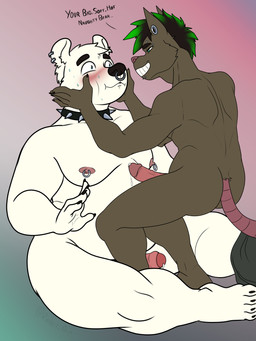 anthro areola belly big_belly blue_eyes blush bodily_fluids butt claws collar cum duo ear_piercing ear_ring erection eyebrows facial_piercing fur genital_fluids genitals green_eyes green_hair hair humanoid_genitalia humanoid_penis lip_piercing male male/male nipple_piercing nipples nose_piercing nude overweight overweight_anthro overweight_male penile penis piercing ring_piercing simple_background smile spikes tail teeth text thick_thighs white_body white_fur ollie_rabbit bear mammal murid murine polar_bear rat rodent ursine 3:4 absurd_res colored digital_media_(artwork) english_text hi_res
