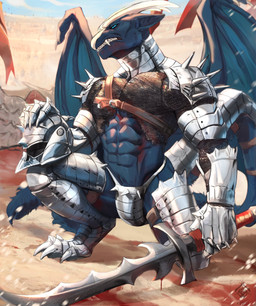 5_fingers abs after_battle anthro armor blood blood_on_ground blue_eyes bodily_fluids clothing codpiece damaged_armor feet fingers male melee_weapon membrane_(anatomy) membranous_wings muscular muscular_anthro muscular_male navel solo sword teeth toes torn_clothing unconvincing_armor weapon wings wounded ksfrost mythology dragon mythological_creature mythological_scalie scalie absurd_res hi_res