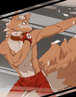 anthro bottomwear brown_body brown_collar brown_fur clothed clothed_anthro clothed_male clothing collar countershade_fur countershade_neck countershade_tail countershade_torso countershading fingerless_gloves fluffy fluffy_tail front_view fur gloves glowing glowing_clothing handwear head_turned inner_ear_fluff looking_aside male mouth_closed multicolored_body multicolored_fur pose pupils red_bottomwear red_clothing red_fingerless_gloves red_gloves red_handwear snout solo tail tan_body tan_countershading tan_fur tan_inner_ear_fluff teal_eyes text topless topless_anthro topless_male tuft two_tone_body two_tone_fur white_bottomwear white_clothing white_fingerless_gloves white_gloves white_handwear white_sclera kuromonsart canid mammal 2021 absurd_res artist_name colored dated digital_drawing_(artwork) digital_media_(artwork) english_text hi_res portrait three-quarter_portrait