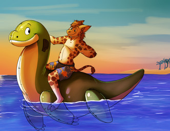 animal_pool_toy anthro bottomwear clothed clothing duo feral foot_in_water grin horn inflatable inflatable_ride inflatable_support male on_pool_toy ossicone palm_tree partially_submerged plant pool_toy riding shorts side_view sitting sky smile solo_focus straddling swimming_trunks swimwear topless tree water the_creeper_(artist) alex_(zoran) animate_inanimate aquatic giraffe giraffid living_inflatable living_pool_toy mammal plesiosaur prehistoric_species reptile scalie digital_media_(artwork) full-length_portrait hi_res portrait