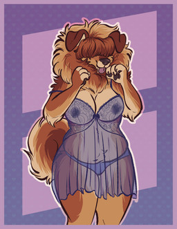 anthro border brown_body brown_fur clothing female floppy_ears fluffy fluffy_tail fur handpaw lingerie mane nightgown nipples panties paws pink_border solo tail translucent translucent_clothing underwear henryjanedoe canid canine canis chow_chow domestic_dog mammal spitz hi_res