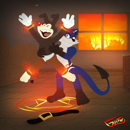 anthro belt black_body blue_body bottomwear bottomwear_down bound brown_bottomwear brown_clothing brown_pants cartoon_gloves claws clothed clothing duo fangs floppy_ears fur hell inside magic magic_circle male male/male male_anthro midair open_bottomwear open_clothing open_mouth open_pants open_smile pants pants_down partially_clothed plantigrade red_eyes red_nose smile spade_tail spread_eagle tail tapering_tail teeth tickle_torture tickling topless topless_anthro topless_male underwear underwear_only white_body white_clothing white_fur white_underwear glifer animaniacs warner_brothers numou_the_impfox yakko_warner canid canine demon fox imp inkblot mammal 1:1 absurd_res hi_res