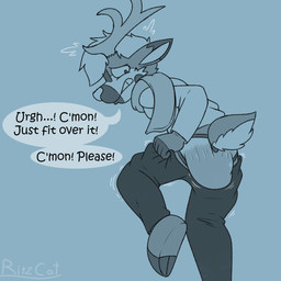 anthro antlers blue_background bottomwear briefs clenched_teeth clothing desperation embarrassed feces feces_bulge feces_in_underwear horn male male_anthro male_pooping nervous pants poop_desperation pooping sagging_underwear scatplay scut_tail shirt short_tail simple_background soiled soiling soiling_briefs soiling_underwear solo tail teeth text topwear underwear ritzcat deer mammal 1:1 english_text hi_res
