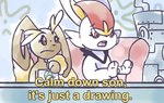 ambiguous_gender anonymous_artist anthro calm_down calm_down_son_it's_just_a_drawing_(meme) cinderace dialogue duo english_text gardevoir generation_3_pokemon generation_4_pokemon generation_8_pokemon lagomorph leporid lopunny mammal meme nickelodeon nintendo pokemon pokemon_(species) reaction_image red_eyes spongebob_squarepants surprised_look text worried