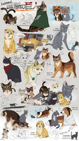 amber_eyes black_body black_fur blue_eyes bookshelf brown_body brown_eyes brown_fur brown_stripes cloak clothing duo eyewear feral feralized fluffy fur furniture glasses green_cloak green_clothing green_eyes grey_body grey_eyes grey_fur grey_stripes group jewelry kerchief leg_markings markings multicolored_body multicolored_fur neckerchief neckwear orange_body orange_fur pendant quadruped red_scarf roaring scarf socks_(marking) solo stripes survey_corps tan_stripes teal_eyes text white_body white_fur yellow_eyes lewkat attack_on_titan armin_arlert connie_springer eren_jaeger erwin_smith hange_zoe historia_reiss jean_kirstein levi_ackerman mikasa_ackerman sasha_braus american_shorthair bobtail_cat canid canine canis cockapoo collie domestic_cat domestic_dog felid feline felis herding_dog japanese_bobtail maine_coon mammal mixed_breed pastoral_dog rough_collie russian_blue scottish_fold sheepdog somali_cat welsh_terrier 2014 english_text hi_res japanese_text multiple_images multiple_scenes url