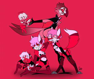 anthro ball_gag belly black_clothing black_legwear black_stockings black_underwear bulge butt cape chest_tuft clothed clothing collar cross cross_necklace cute_fangs eyewear fangs femboy frown gag glasses gloves group hair handwear heart_symbol holidays horn jewelry legwear lingerie looking_at_another looking_at_viewer lying male multi_eye navel necklace nervous nipple_tape panties partially_clothed pasties pointed_tail pose red_body red_eyes red_skin sharp_teeth simple_background solo spiked_collar spikes spread_legs spreading stockings tape teeth tuft underwear white_hair animatedmau hellaverse helluva_boss mythology valentine's_day animatedmau_(fursona) angel avian canid canid_demon canine canis cherub demon demon_humanoid goetia hellhound horned_humanoid humanoid imp mammal mythological_canine mythological_creature wolf hi_res pinup
