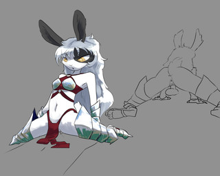 anthro armor bare_shoulders beatrice_(hazposs) bottomwear clothed clothing disembodied_penis duo female fur gauntlets genitals gloves grey_hair hair handwear loincloth male male/female midriff navel on_bottom on_top penis plate_armor reverse_cowgirl_position sex skimpy unconvincing_armor undressing_between_scenes white_body white_fur yellow_eyes hazposs lagomorph leporid mammal rabbit absurd_res hi_res sketch