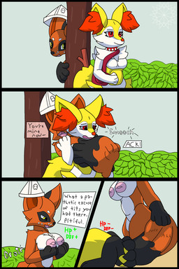 4_fingers anthro attribute_theft breasts clothing collar duo female female_prey fingers grabbing_from_behind hat headgear headwear male male/female mugging nipples open_mouth open_smile paper_hat smile spiked_collar spikes tail tail_fetish tail_play tail_vore text vore lewdkitten069 nintendo pokemon braixen generation_6_pokemon generation_8_pokemon nickit pokemon_(species) 2:3 comic english_text hi_res