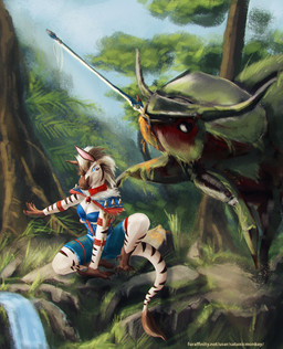 ambiguous_feral ambiguous_gender anthro bared_teeth beady_eyes blue_eyes blue_sky brown_hair brown_markings clothed clothing duo exoskeleton female female_anthro feral fur green_body green_exoskeleton hair markings plant sky striped_markings striped_tail stripes tail tail_markings text tree white_body white_fur white_hair satanic_monkey arthropod equid equine mammal zebra hi_res url
