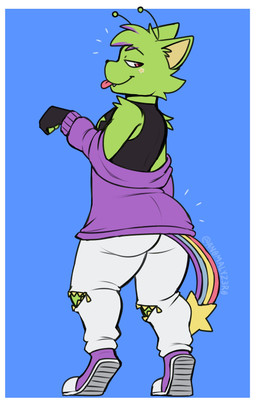 antennae_(anatomy) anthro arm_tuft big_butt black_clothing black_gloves black_handwear blue_background border bottomwear butt cheek_tuft clothing eyebrows facial_tuft fangs fingerless_gloves footwear fur gloves green_body green_fur handwear head_tuft highlights_(coloring) jacket male multicolored_tail pants purple_clothing purple_jacket purple_topwear rear_view red_eyes shoes shoulder_tuft simple_background smile sneakers solo star_sticker star_tipped_tail sticker tail teasing teeth thick_thighs tongue tongue_out topwear tuft white_border white_bottomwear white_clothing white_pants yellow_ears zipper an0malyz3r0 gnarpington alien felid feline mammal absurd_res hi_res