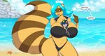 anthro between_breasts bikini bikini_thong blue_hair breasts cleavage clothed clothing cuff_(restraint) dialogue duo female hair handcuffs iron_cuffs long_tail male male/female metal_cuffs micro navel police red_eyes restraints rock sand sea sky smile speech_bubble swimwear tail text two-piece_swimsuit water mastergodai shaze english_text