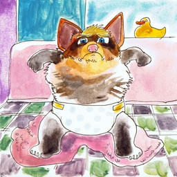 anthro bath bathroom blue_eyes clean_diaper clothed clothing diaper frown grumpy looking_at_viewer neonate puffy rubber_duck solo standing wearing_diaper wet young young_anthro billy_fore domestic_ferret inanimate_object mammal mustelid musteline true_musteline weasel hi_res